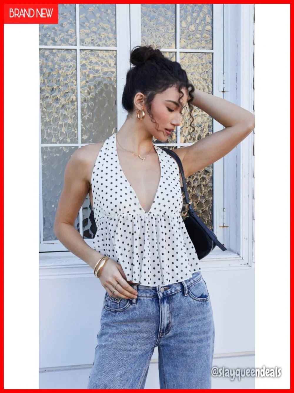 Polka Dots Tie Backless Halter Crop Tank Top Ruffle Hem Peplum